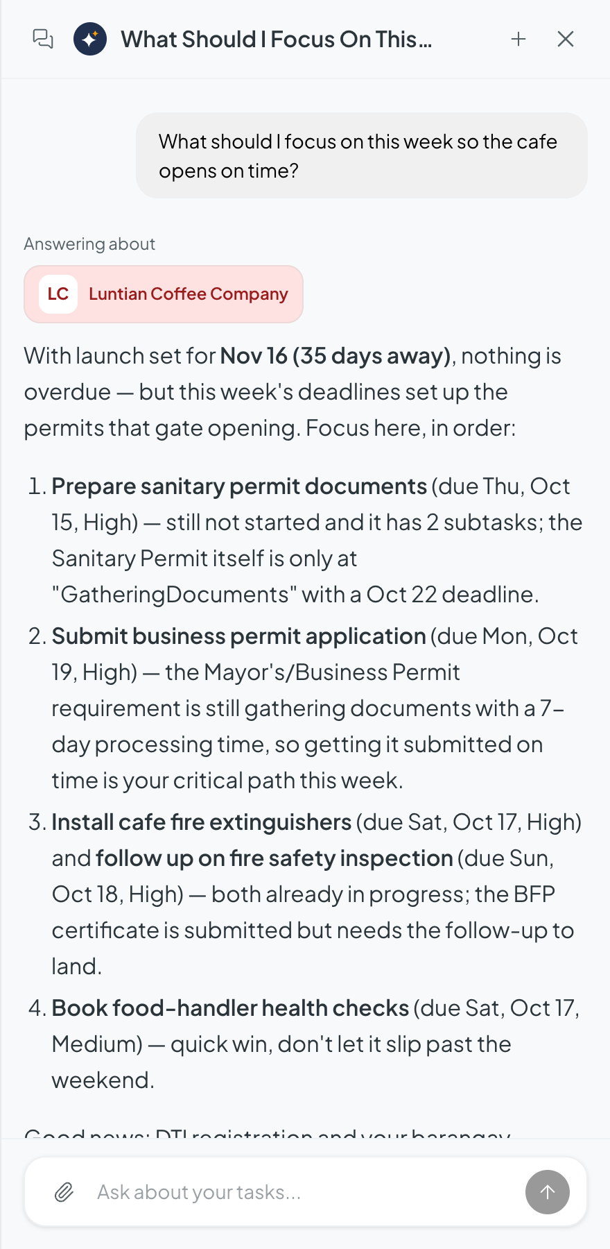 The Tamoogi AI assistant answering “What should I focus on this week so the cafe opens on time?” with a prioritized list of permit documents, applications and inspections, each with its due date, taken from the business's own records.